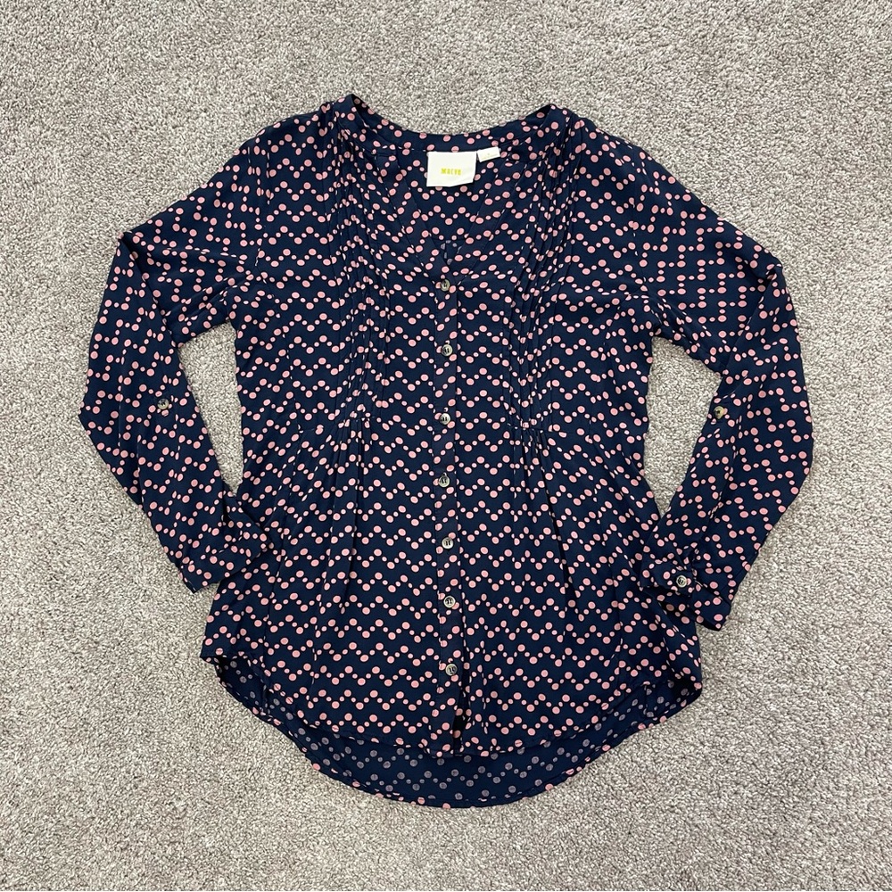 Anthropologie Maeve Navy and Pink Polka Dot Pleated Button-Down Blouse